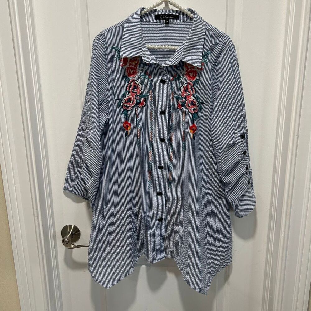 Calessa Blouse XL Tunic asymmetrical Floral Contrasting Fabric Embroidered boho